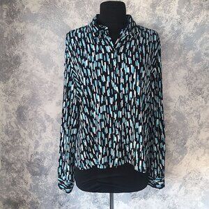 Worthington Long Sleeve Shirt Black Blue White Geometric Size L